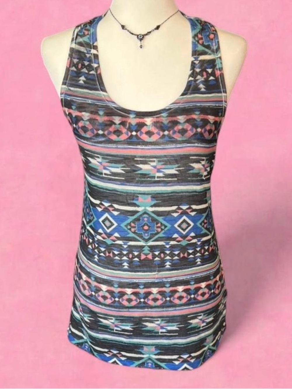 TeenBell Geometric Tribal Racerback Tank in Black, Blue & Pink